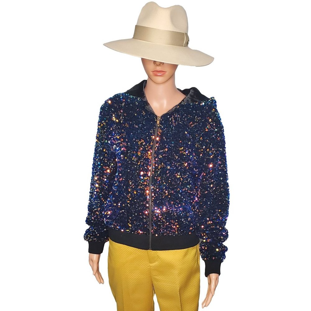Akira Beautiful well made Blue and Gold Sequence‎ Zipper Jacket Size Medium